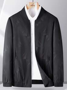 男款棒球領夾克,深色條紋休閒夾克,秋冬保暖 - 黑色 - 查看 1