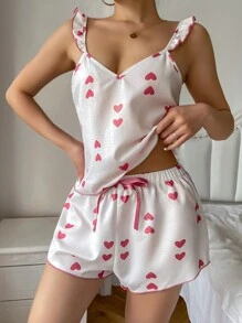 Ladies' Pajama Set With Heart Printed Pattern And Bowknot Decoration - Pink - View 6
