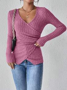 SHEIN Frenchy 交叉綁帶長袖t恤 - 玫紅色 - 查看 4