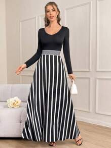 SHEIN Privé 女士直條拼接長袖連衣裙 - 黑色 - 查看 4