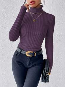 SHEIN Frenchy Camiseta De Cuello Alto De Punto Acanalado De Manga Larga Para Mujer