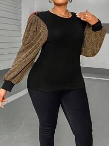SHEIN BAE Plus Size Women's Color Block Lantern Sleeve Top - Black and Gold - View 3