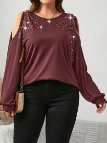 SHEIN LUNE 大尺碼女水鑽裝飾露肩長袖圓領 T 卹 - 酒紅色 - 查看 6