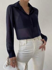 SHEIN Essnce Women's Sheer Long Sleeve Mesh Blouse - Royal Blue - View 4