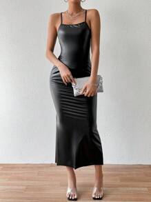 Allurite Faux Leather Back Slit Sexy Mermaid Dress
