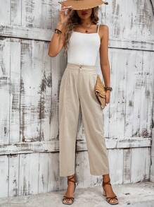 SHEIN LUNE Của phụ nữ Xếp li Túi 9/10 Chiều dài Quần , Mùa hè - Màu be - Xem 4