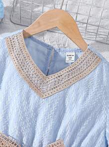 青少女甜美蕾絲v領,網細節洋裝