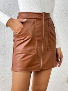 SHEIN Privé Women'S Zipper Front Skirt - Brown - View 3