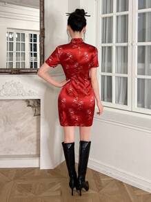 EastFlair 鳥印花旗袍領下擺開叉洋裝 - 紅色 - 查看 2