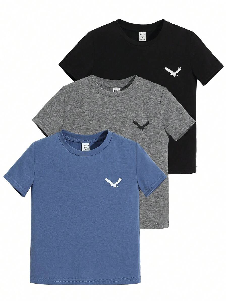 SHEIN Young Boy 3pcs/Set Casual Round Neck Knitted Pattern Short-Sleeve T-Shirt, School, Campus, College - Multicolor - View 1