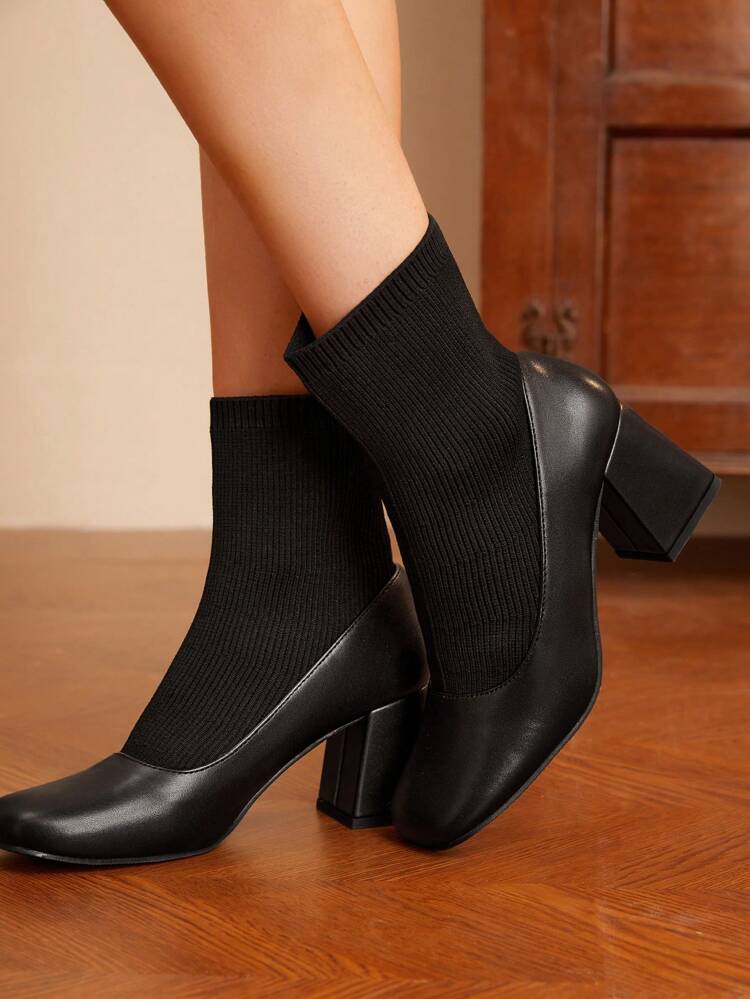 Knitted Short Boots With Square Toe & Chunky Heel For Women