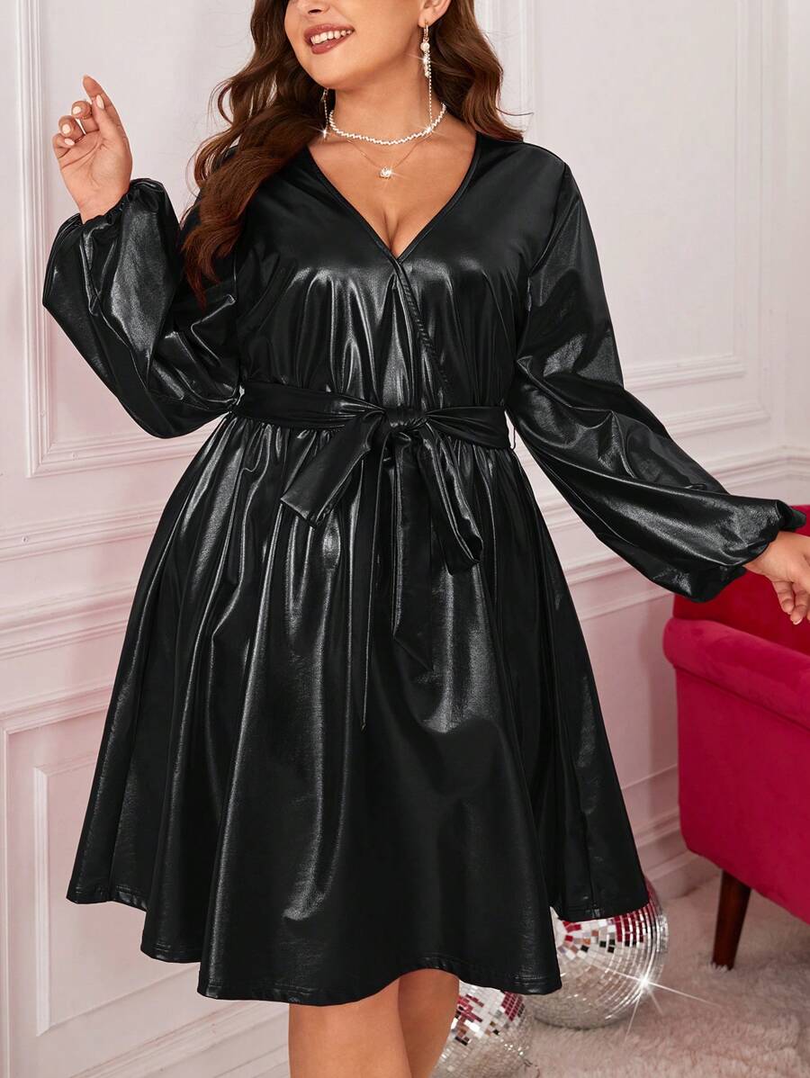 SHEIN Clasi Plus Size Women's Lantern Sleeve Wrap Neck Dress - Black - View 1