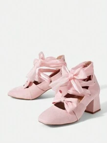 SheIn MOD Zapatos De Tacón Alto Mary Jane Para Mujer Con Lazo Y Correa En El Tobillo - Rosa - Ver 4