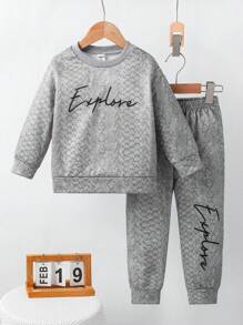SHEIN Two-Piece Set Of Girls' Textured Letter Print Sweatshirt And Track Pants - Grey - View 1