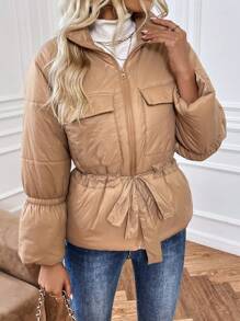 SHEIN LUNE 翻盖细节抽绳腰部加厚棉服外套衣服冬季 - 卡其色 - 查看 4