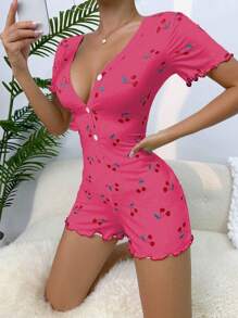 Women's Casual Young Rose Red V Neck Button Front Short Pajama With Cherry Print Regular Sleeve Knitted Fabric Sleepwear - Rose Red - View 4