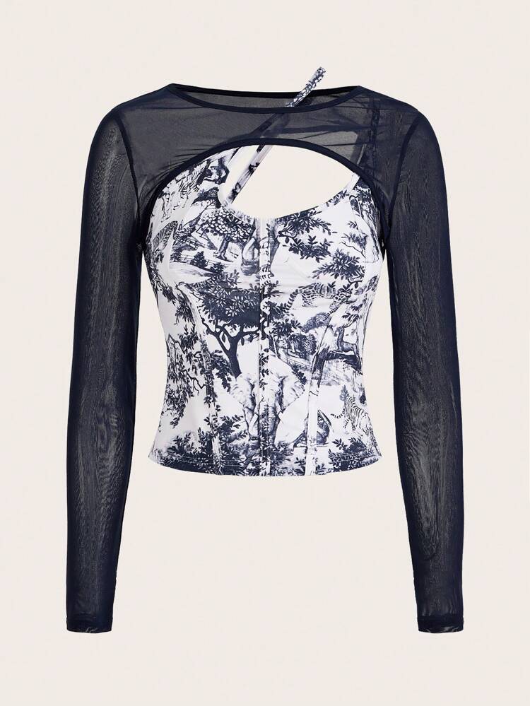 Women's Animal Print Mesh Spliced T-Shirt