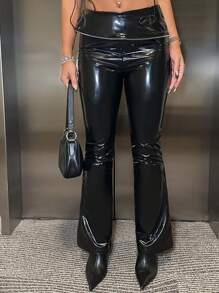 SHEIN ICON Women'S Fold-Over Waist Slim Fit Flared Pants - Black - View 4