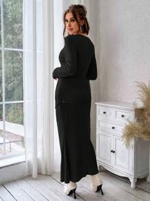 SHEIN Privé 女用羅紋前交叉長袖t卹+魚尾裙2件/套 - 黑色 - 查看 2