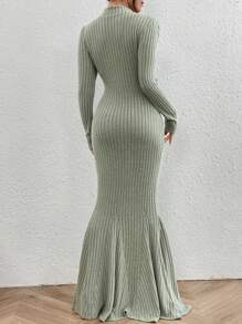 SHEIN Privé 女士立領修身緊身纏身裙 - 綠色 - 查看 2