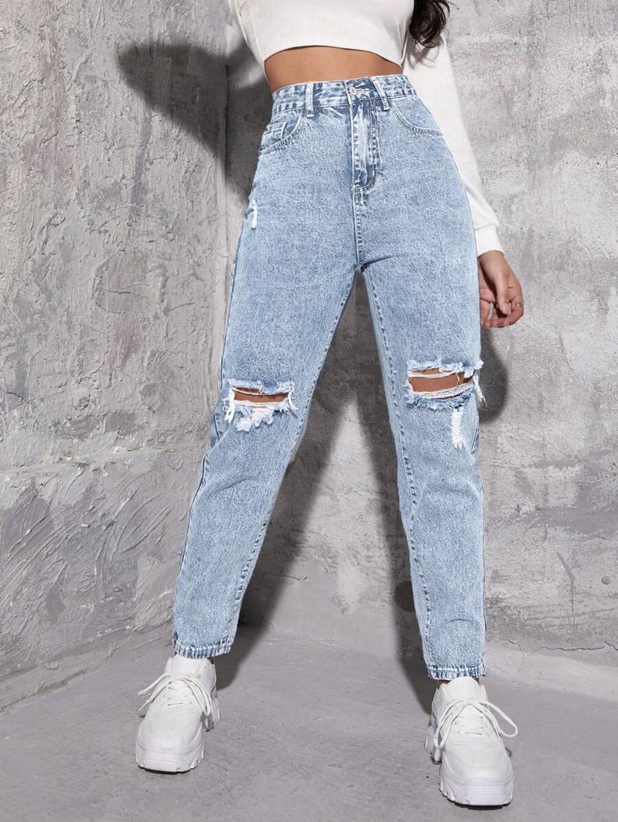SHEIN ICON Women's Distressed Denim Jeans - Light Wash - View 1