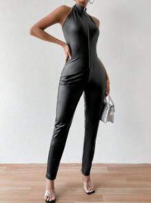 Allurite Women's Tight-Fitting Backless Jumpsuit Unitard - Black - View 3