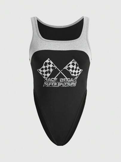 Colorblock Alphabet & Flag Print Sexy Bodysuit