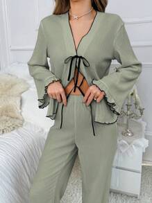 Contrast Color Tie Front Pajama Set With Ruffle Trim Detail