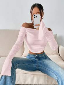 SHEIN Privé Concert Off Shoulder Ruched Split Cuff Bodycon Crop Top - Pink - View 4
