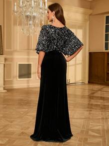 UNITHORSE Sequin Patchwork Batwing Sleeve V-Neck High Slit Cocktail Dress Party Dress Wedding Guest Dress Formal Dress Evening Dress, Bride Dress, Birthday Women Outfits, Graduation Dress, Fall Women Clothes