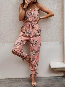 SHEIN VCAY 花卉印花腰帶分裂寬腿連身褲 - 粉色 - 查看 3