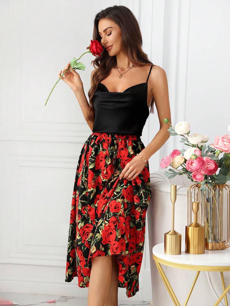 Women's Cowl Collar Cami Top And Floral Skirt Set