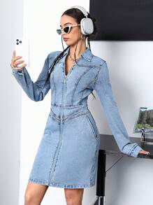 SHEIN EZwear Ladies' Zip Front Denim Dress - Medium Wash - View 1