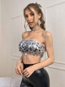 SHEIN Privé Ladies' Sparkling Strapless Top - Black - View 6