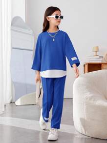 SHEIN Tween Girls' Casual Knitted Spliced Round Neck Long Sleeve And Pants Set Street Style