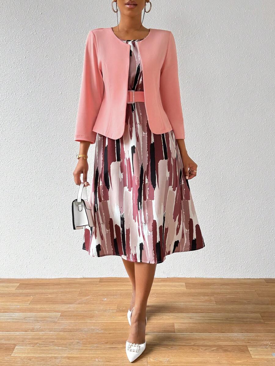 SHEIN Lady Women's Open Front Coat And Sleeveless Full Printed Dress 2pcs/Set