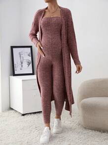 SHEIN Maternity Bodycon Tube Jumpsuit And Cardigan 2pcs/Set - Redwood - View 3