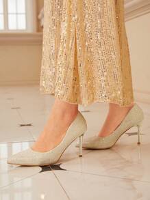Pointed Toe Dao găm nhỏ Long lanh Buổi tiệc Của phụ nữ Giày cao gót - Vàng - Xem 10