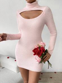 Chiquease Turtleneck Cut Out Front Sweater Dress - Pink - View 1