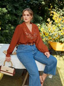SHEIN Frenchy Plus Size Floral Embroidery Long Sleeve Shirt Fall - Rust Brown - View 6