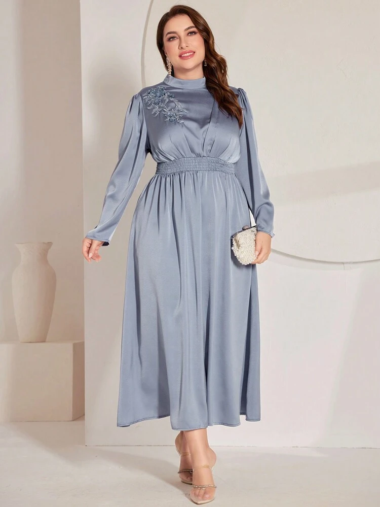 Plus Size Floral Embroidery & Rhinestone Decor Stand Collar Fashion Dress