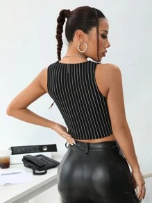 SHEIN ICON Y2k Summer Striped Underwire Boning Cinched Waist Black Corset Tank Top