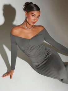 SHEIN BAE 女款露肩長袖修身連身裙 - 深灰色 - 查看 5