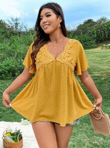 Flirla Plus Size Women'S Lace Patchwork Butterfly Sleeve Blouse - Yellow - View 7