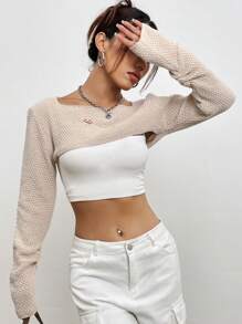 Flirla 1 Stück Pullover mit langen Ärmeln, abgenutztem Detail und superkurzem Strick-Pullover für Herbst und Winter - Khaki - Übersicht 5