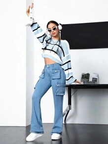 SHEIN EZwear Túi có nắp Chi tiết Quần jean loe - Rửa trung bình - Xem 5