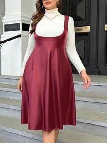SHEIN Clasi Women's Plus Size Solid Color Pu Leather Suspender Dress - Burgundy - View 3