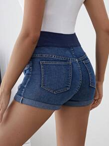 SHEIN Maternity Adjustable High Waisted Ripped Denim Shorts With Elastic Waistband - Blue - View 2