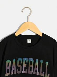 SHEIN Tween 男孩時尚街頭風格多色字母印花短袖套頭針織 T 卹 - 黑色 - 查看 4