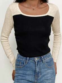 女士修身顏色塊圓領毛衣 - 黑色 - 查看 1